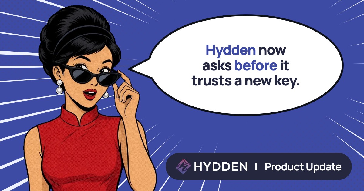 Comic of a woman in cat-eye sunglasses saying "Hydden now asks before it trusts a new key."